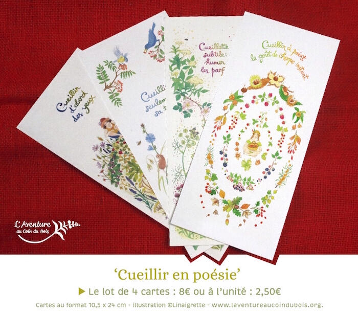 Cartes &quot;cueillir en poésie&quot; de L&#39;Aventure au coin du bois, reproduction d&#39;aquarelles poétiques autour de la cueillette