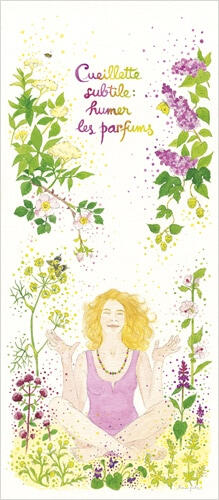 Carte "Cueillette subtilte : humer les parfums", aquarelle de Linaigrette éditée par L'Aventure au coin du bois Carte "Cueillette subtilte : humer les parfums", aquarelle de Linaigrette éditée par L'Aventure au coin du bois