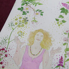 Détail de l'aquarelle de Linaigrette en cours pour la carte Cueillette subtile : rosier sauvage, origan, fenouil... Détail de l'aquarelle de Linaigrette en cours pour la carte Cueillette subtile : rosier sauvage, origan, fenouil...
