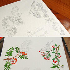 Détail de l'aquarelle de Linaigrette en cours pour la carte Cueillir seulement sa part Détail de l'aquarelle de Linaigrette en cours pour la carte Cueillir seulement sa part
